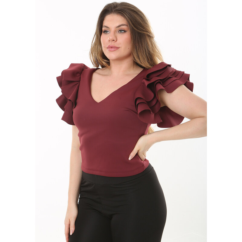 Şans Women's Plus Size Burgundy Flounce Sleeve Back Hidden Zipper Blouse