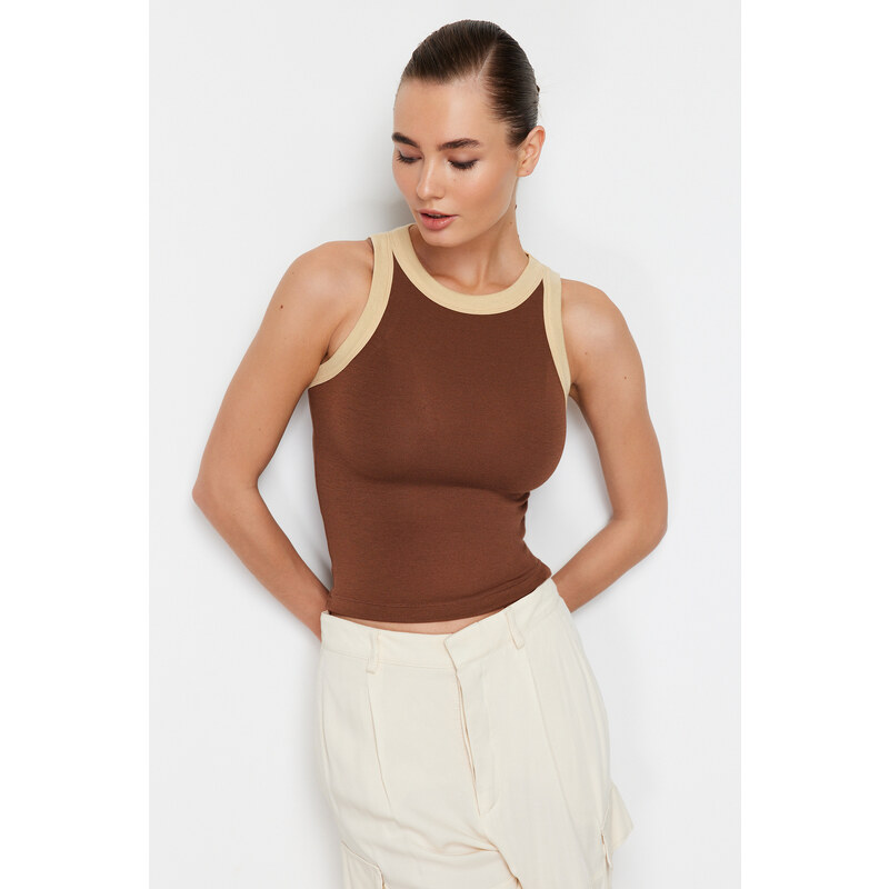 Trendyol Brown Barbell Neck Contrast Piping Detail Ribbed Elastic Knitted Undershirt