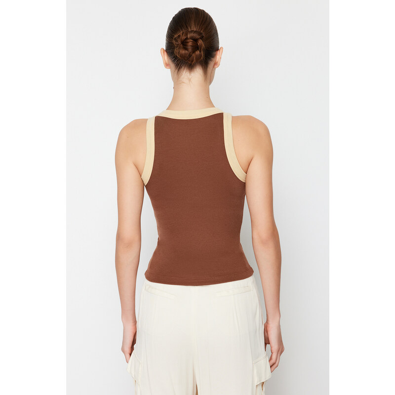 Trendyol Brown Barbell Neck Contrast Piping Detail Ribbed Elastic Knitted Undershirt