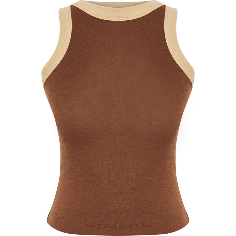 Trendyol Brown Barbell Neck Contrast Piping Detail Ribbed Elastic Knitted Undershirt