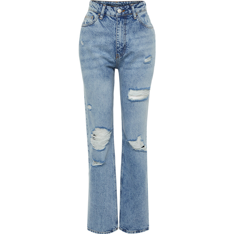 Trendyol Blue More Sustainable Ripped High Waist Straight Jeans