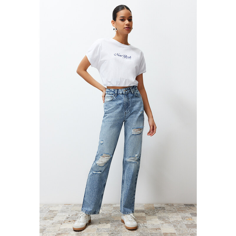 Trendyol Blue More Sustainable Ripped High Waist Straight Jeans