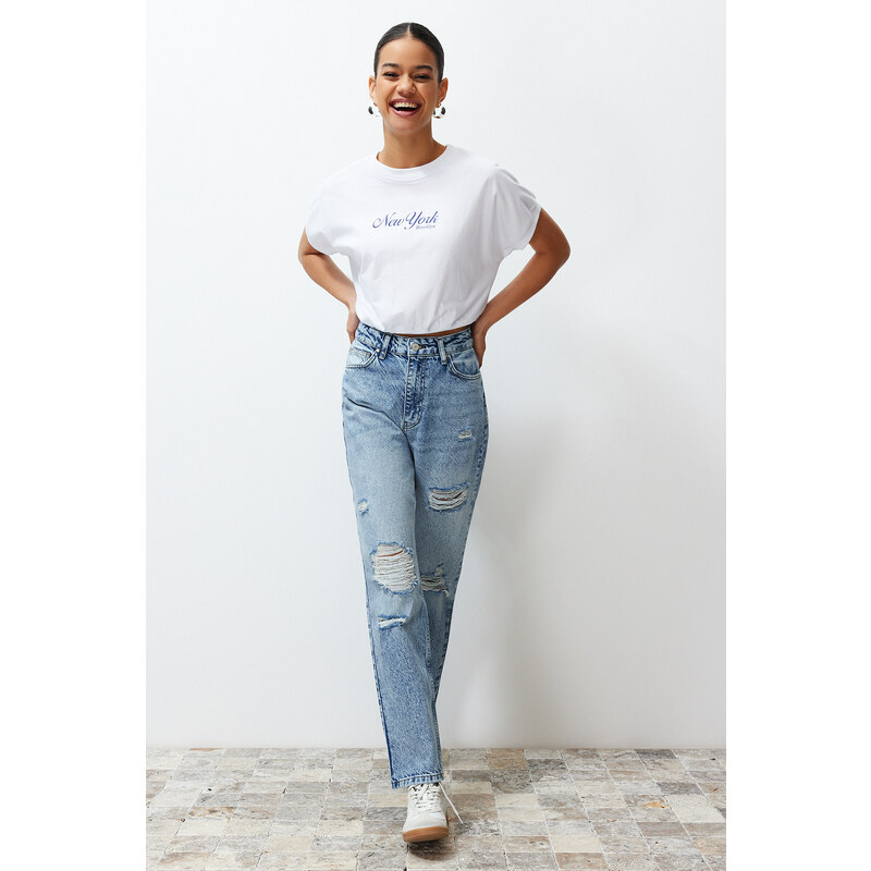 Trendyol Blue More Sustainable Ripped High Waist Straight Jeans