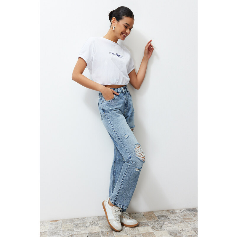 Trendyol Blue More Sustainable Ripped High Waist Straight Jeans