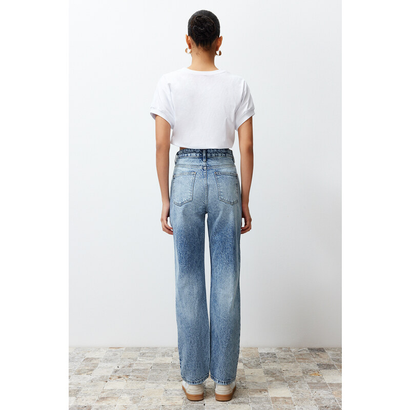 Trendyol Blue More Sustainable Ripped High Waist Straight Jeans