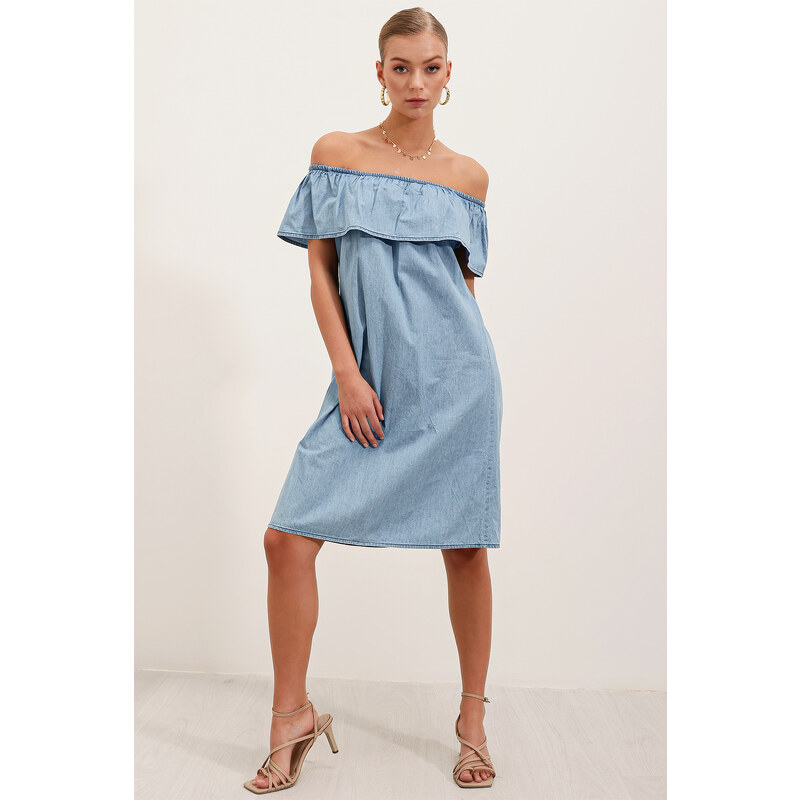 Bigdart 1481 Off Shoulder Denim Dress - Light Blue