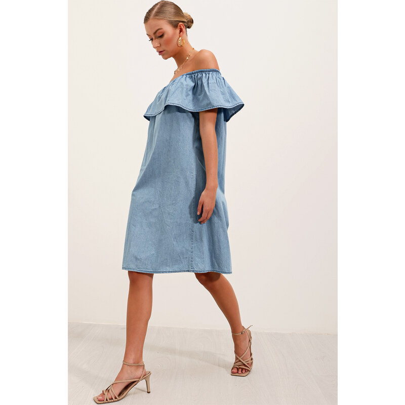 Bigdart 1481 Off Shoulder Denim Dress - Light Blue