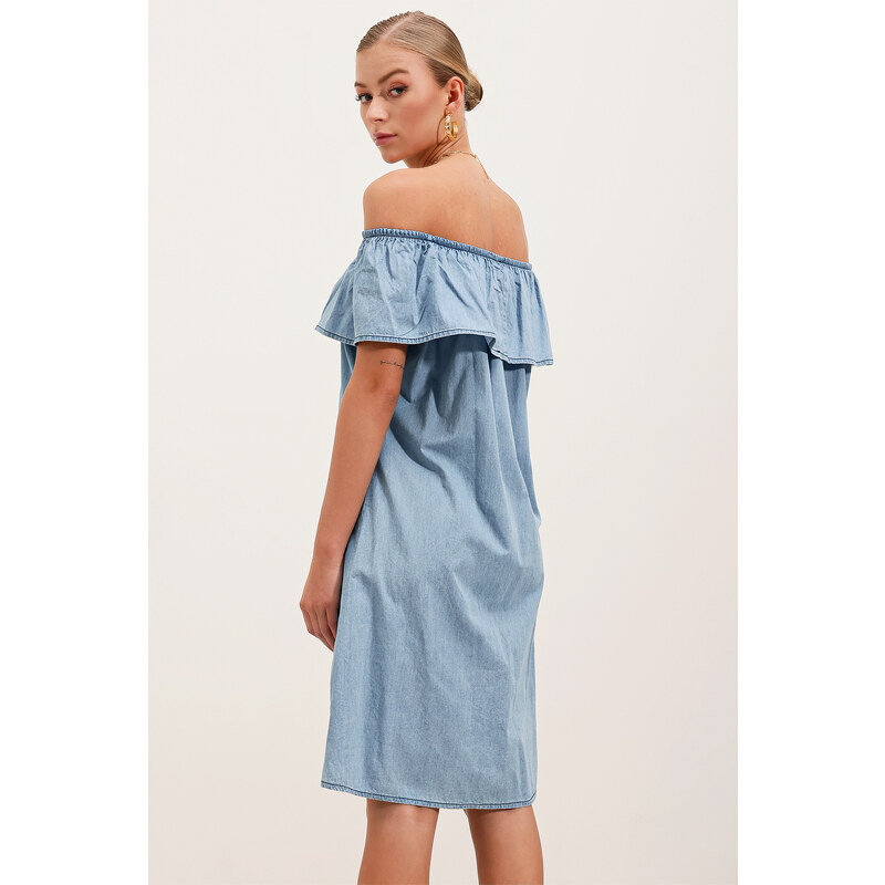 Bigdart 1481 Off Shoulder Denim Dress - Light Blue