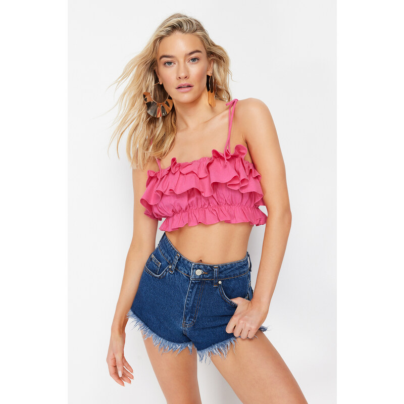 Trendyol Fuchsia Crop Woven Ruffled 100% Cotton Blouse