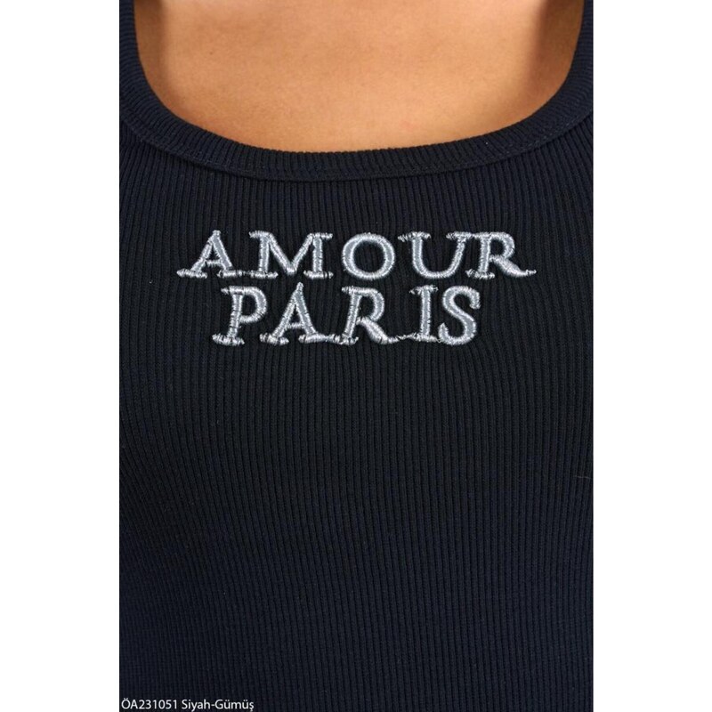 Laluvia Black-Silver Amour Paris Silvery Embroidered Undershirt