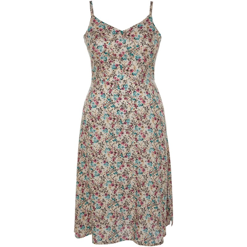 Trendyol Curve Beige Floral Patterned Woven Strap Dress