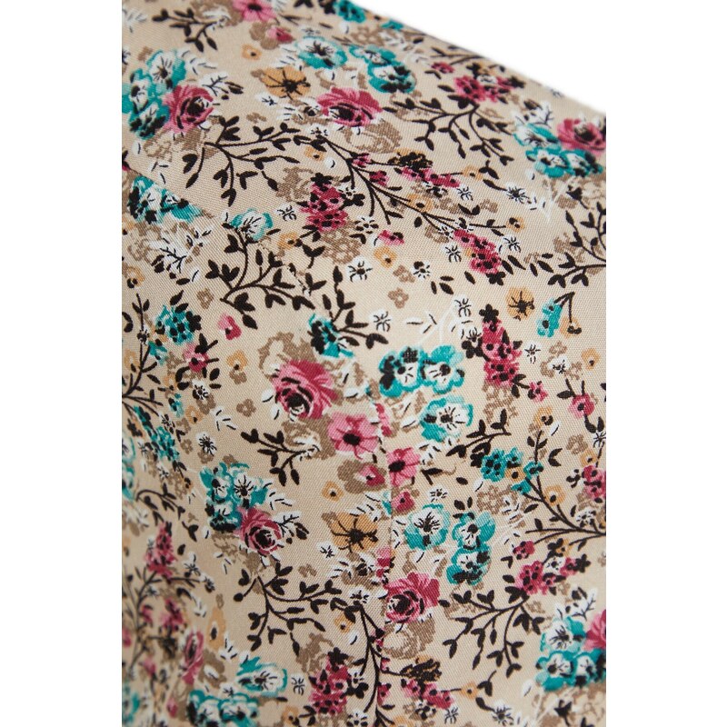 Trendyol Curve Beige Floral Patterned Woven Strap Dress