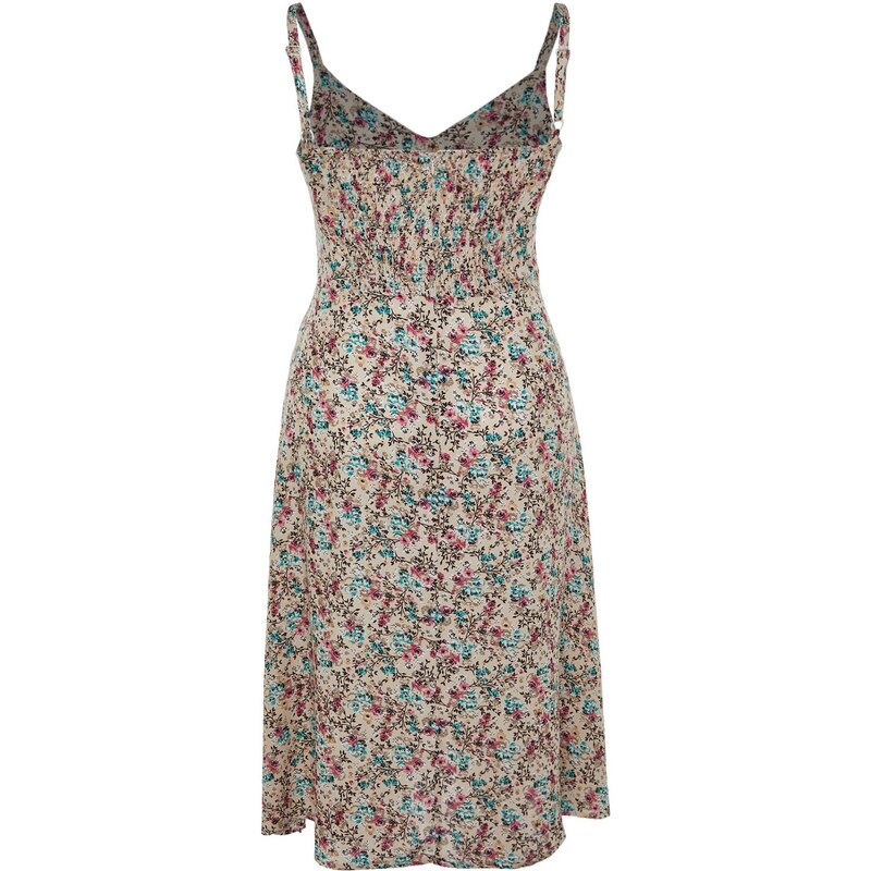 Trendyol Curve Beige Floral Patterned Woven Strap Dress