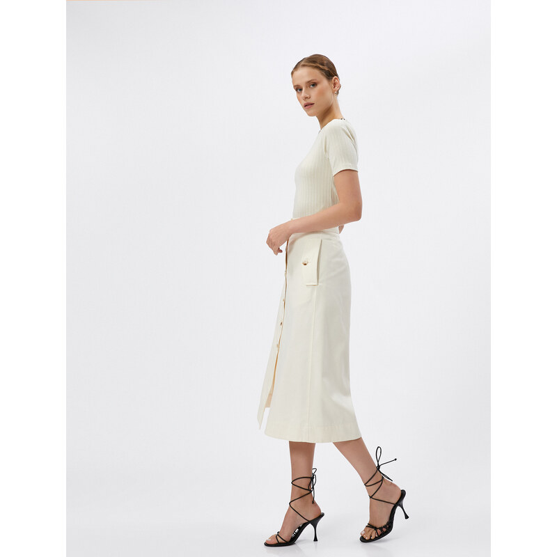 Koton Midi Skirt Pocket Detailed Buttoned Slit Cotton