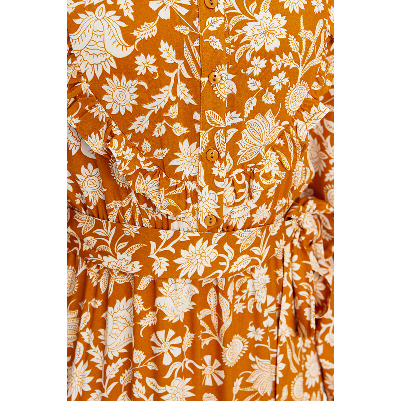 Trendyol Mustard Small Flower Printed Ruffle Detail Belted Woven Dress