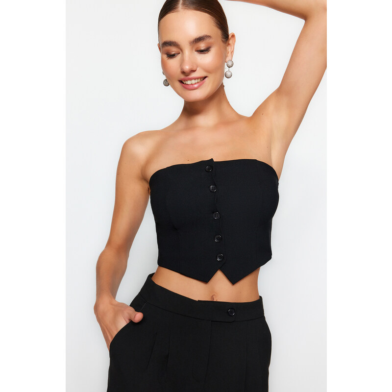 Trendyol Black Strapless Button Detailed Woven Blouse