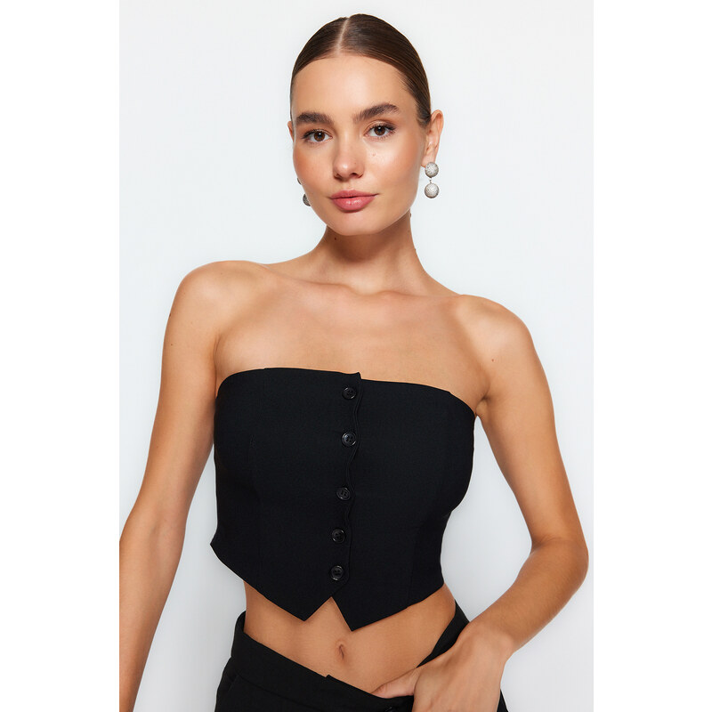 Trendyol Black Strapless Button Detailed Woven Blouse