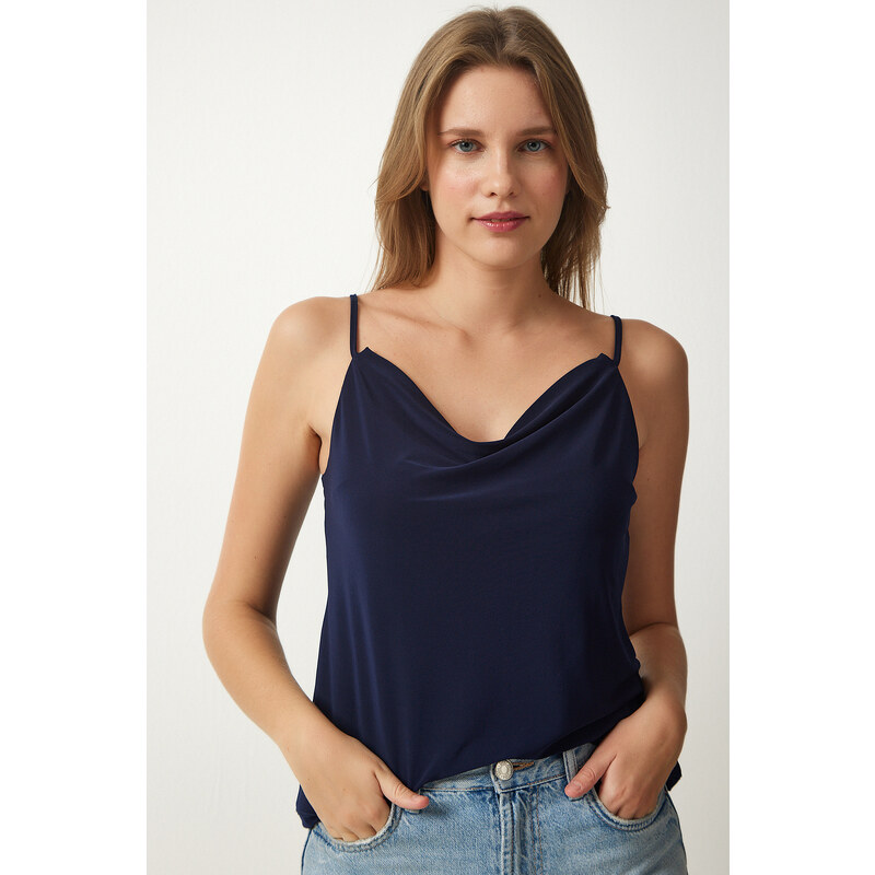 Happiness İstanbul Women's Navy Blue Strappy Collar Sandy Knitted Blouse