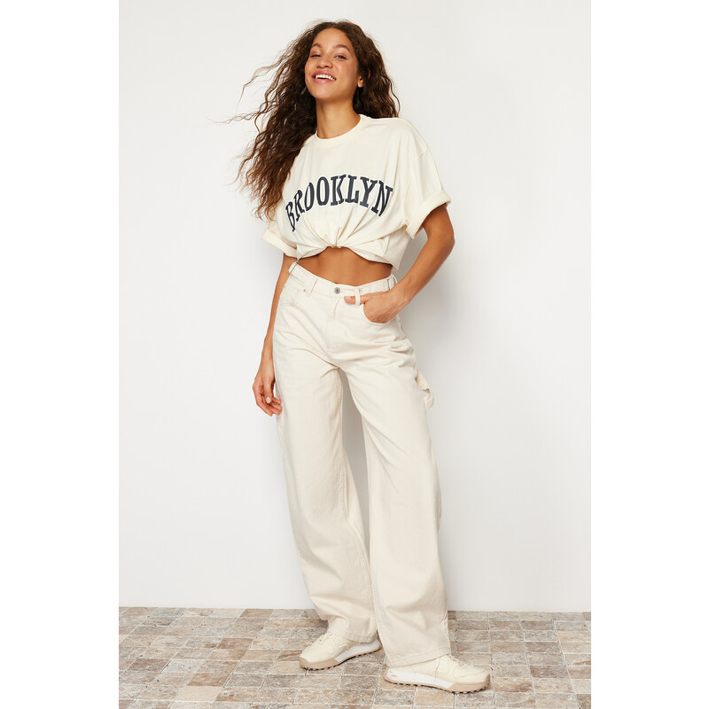 Trendyol Ecru Loose Cut High Waist Carpenter Skater Jeans 107073340