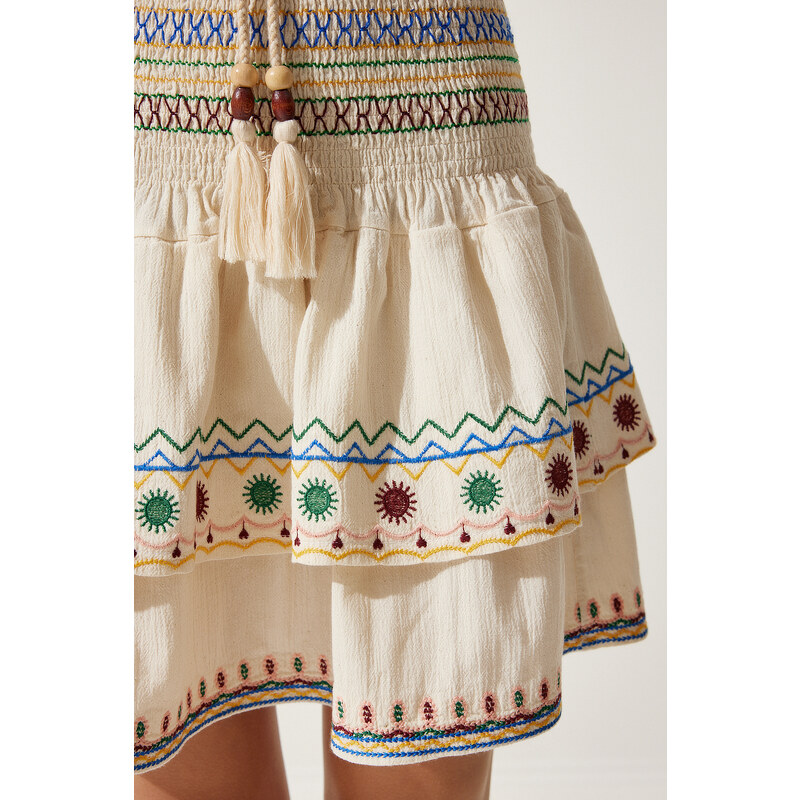 Happiness İstanbul Women's Beige Ethnic Patterned Raw Linen Skirt