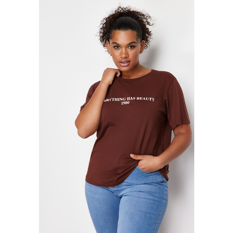 Trendyol Curve Brown 100% Cotton Slogan Printed Relaxed/Wide Relaxed Fit Knitted T-Shirt