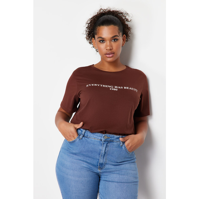 Trendyol Curve Brown 100% Cotton Slogan Printed Relaxed/Wide Relaxed Fit Knitted T-Shirt