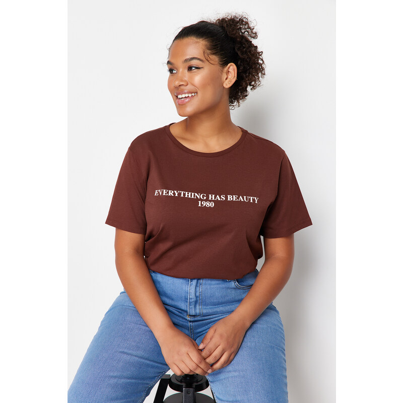 Trendyol Curve Brown 100% Cotton Slogan Printed Relaxed/Wide Relaxed Fit Knitted T-Shirt