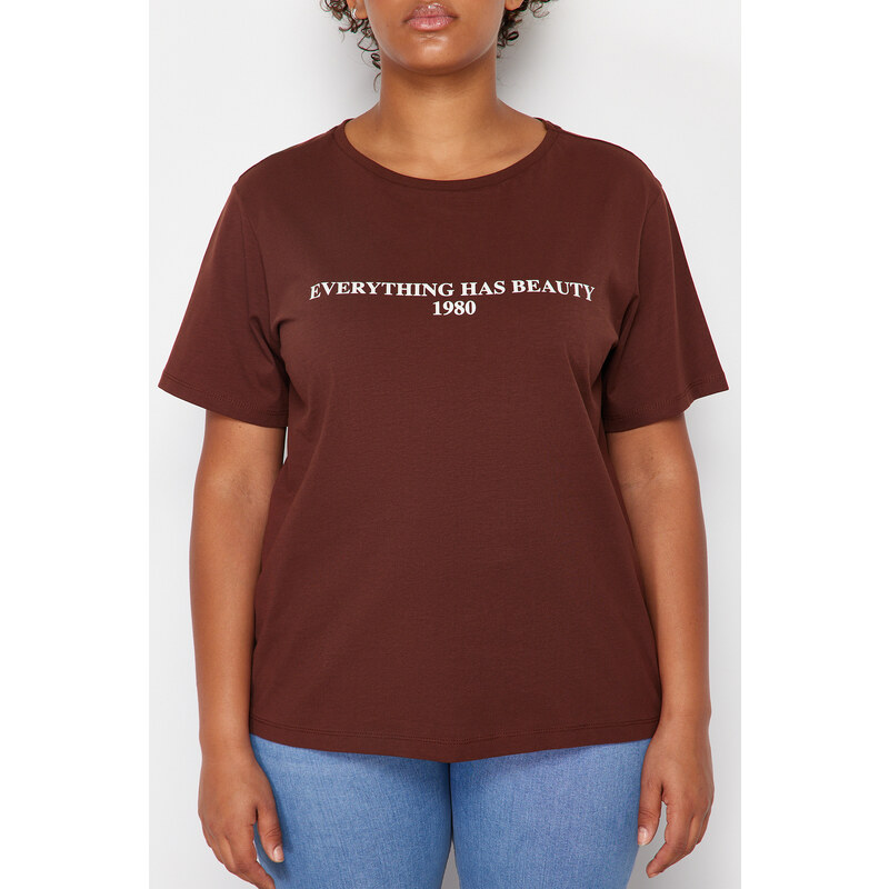 Trendyol Curve Brown 100% Cotton Slogan Printed Relaxed/Wide Relaxed Fit Knitted T-Shirt