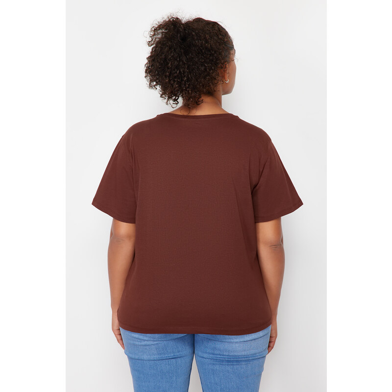 Trendyol Curve Brown 100% Cotton Slogan Printed Relaxed/Wide Relaxed Fit Knitted T-Shirt