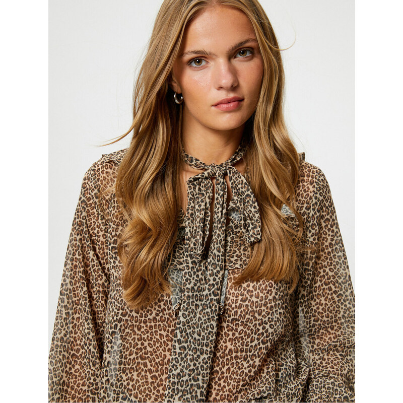 Koton Leopard Patterned Blouse Foulard Collar Frilly Window Detailed