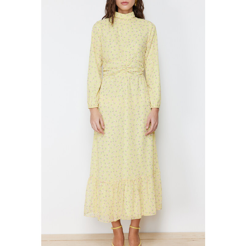 Trendyol Yellow Floral High Neck Waist Detailed Lined Chiffon Woven Dress