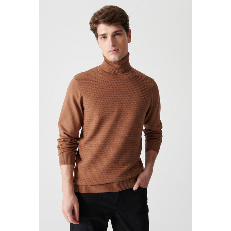 Avva Men's Camel Turtleneck Jacquard Sweater