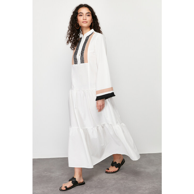 Trendyol Ecru Embroidery and Tassel Detailed Woven Dress