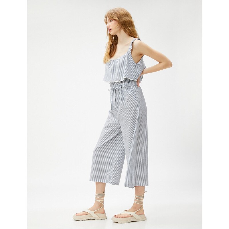 Koton Suspenders Playsuit with Frill Detailed Tie Waist Linen Blend.