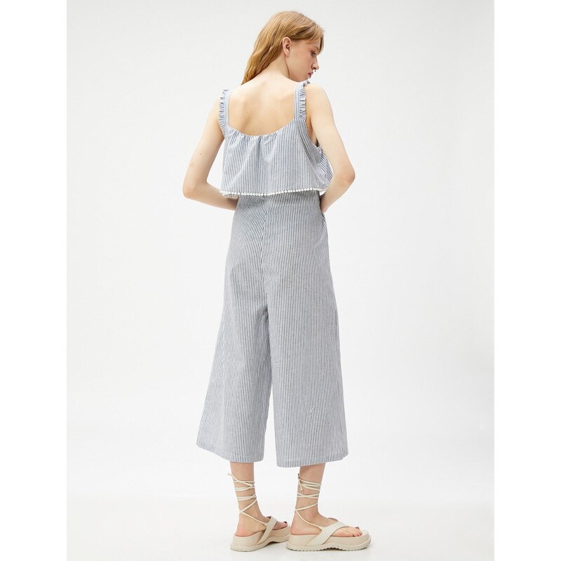 Koton Suspenders Playsuit with Frill Detailed Tie Waist Linen Blend.