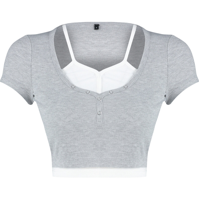 Trendyol Gray Double Layer Detail Fitted Ribbed Elastic Knitted Blouse