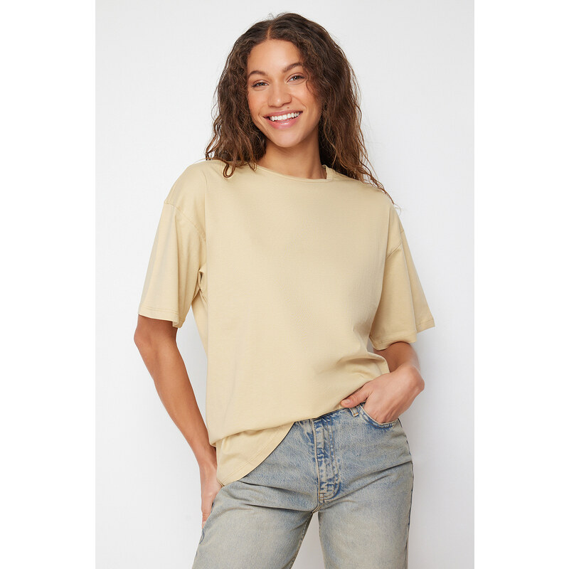 Trendyol Dark Beige 100% Cotton Crew Neck Oversize/Wide Pattern 107261486