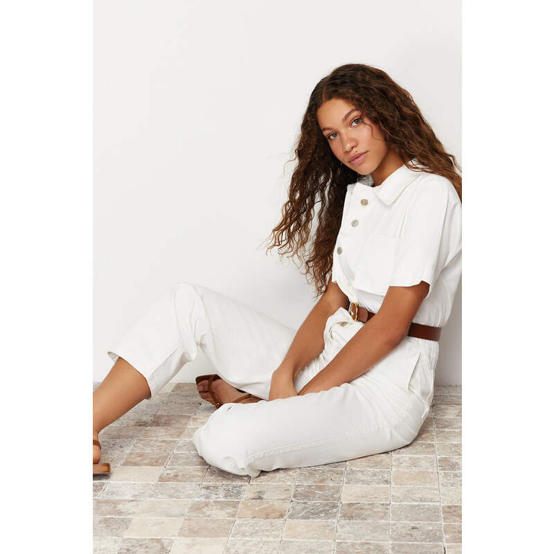 Trendyol White Short Sleeve Belted Denim Jumpsuit