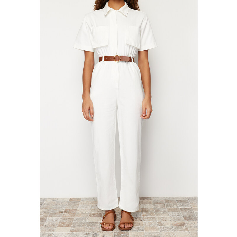 Trendyol White Short Sleeve Belted Denim Jumpsuit