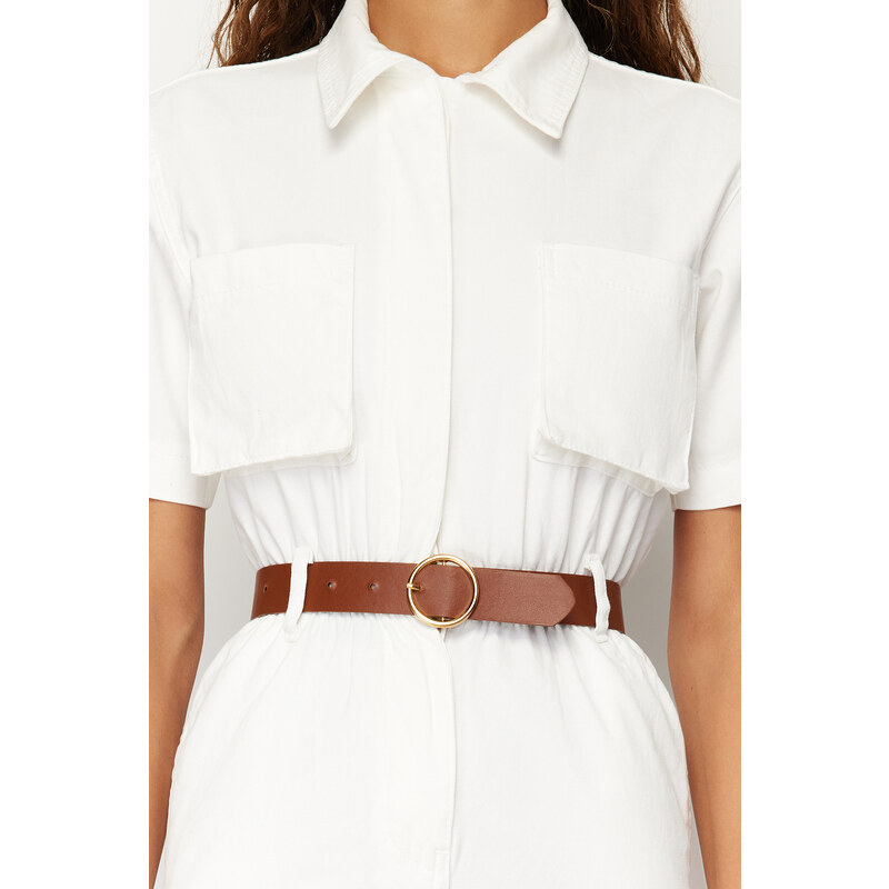 Trendyol White Short Sleeve Belted Denim Jumpsuit