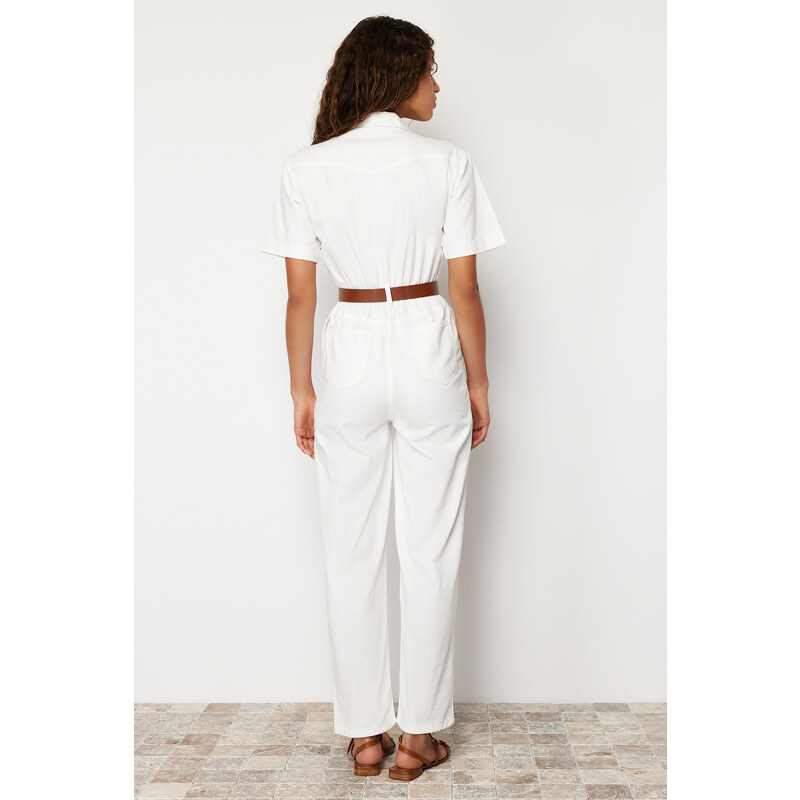 Trendyol White Short Sleeve Belted Denim Jumpsuit