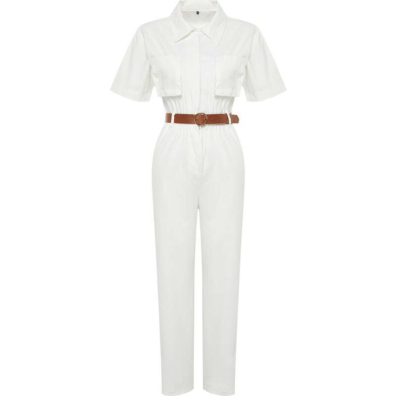 Trendyol White Short Sleeve Belted Denim Jumpsuit