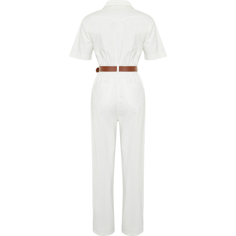 Trendyol White Short Sleeve Belted Denim Jumpsuit