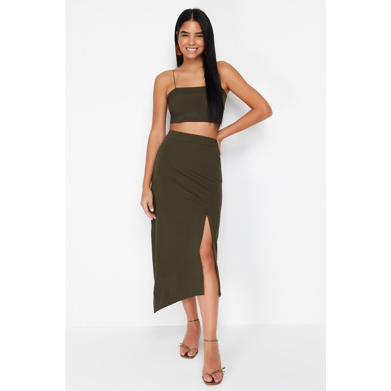 Trendyol Khaki Asymmetric Cut and Slit Detailed Skirt