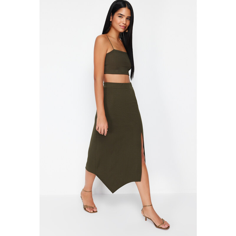 Trendyol Khaki Asymmetric Cut and Slit Detailed Skirt