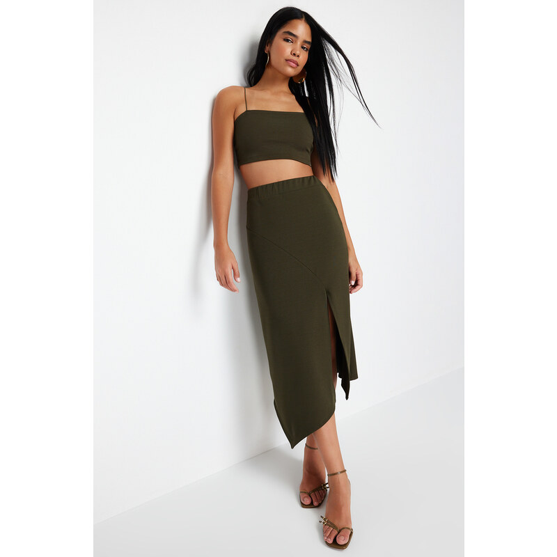 Trendyol Khaki Asymmetric Cut and Slit Detailed Skirt