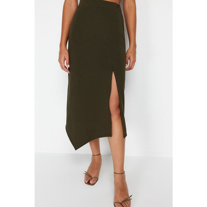 Trendyol Khaki Asymmetric Cut and Slit Detailed Skirt