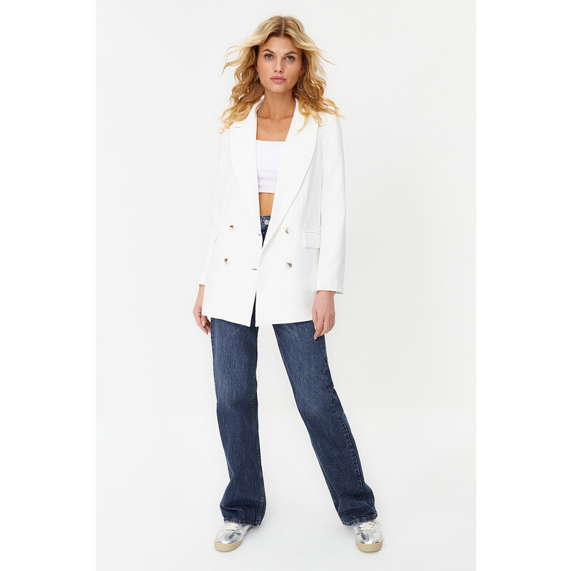 Trendyol White Oversize Lined Buttoned Woven Blazer Jacket