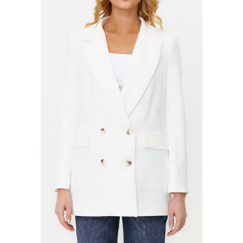 Trendyol White Oversize Lined Buttoned Woven Blazer Jacket