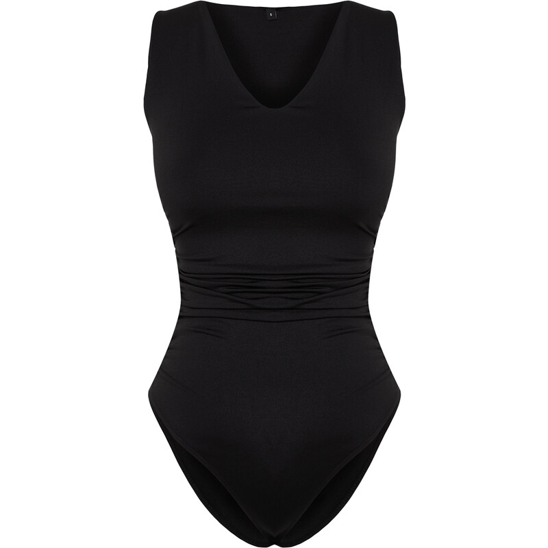 Trendyol Black V Neck Flexible Snaps Knitted Bodysuit